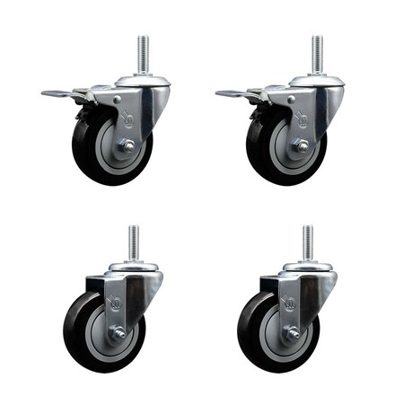 Service Caster 35 Inch Black Polyurethane Swivel 34 Inch Threaded Stem Caster Set 2 Total Lock Brakes SCC-TSTTL20S3514-PPUB-BLK-34212-2-S2